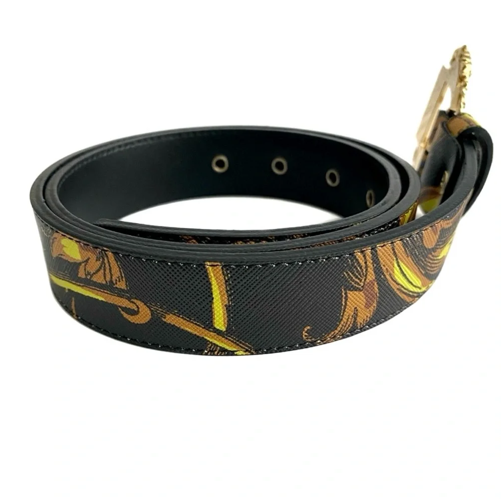 VERSACE JEANS COUTURE Black Gold Buckle Signature Print Leather Belt NWT